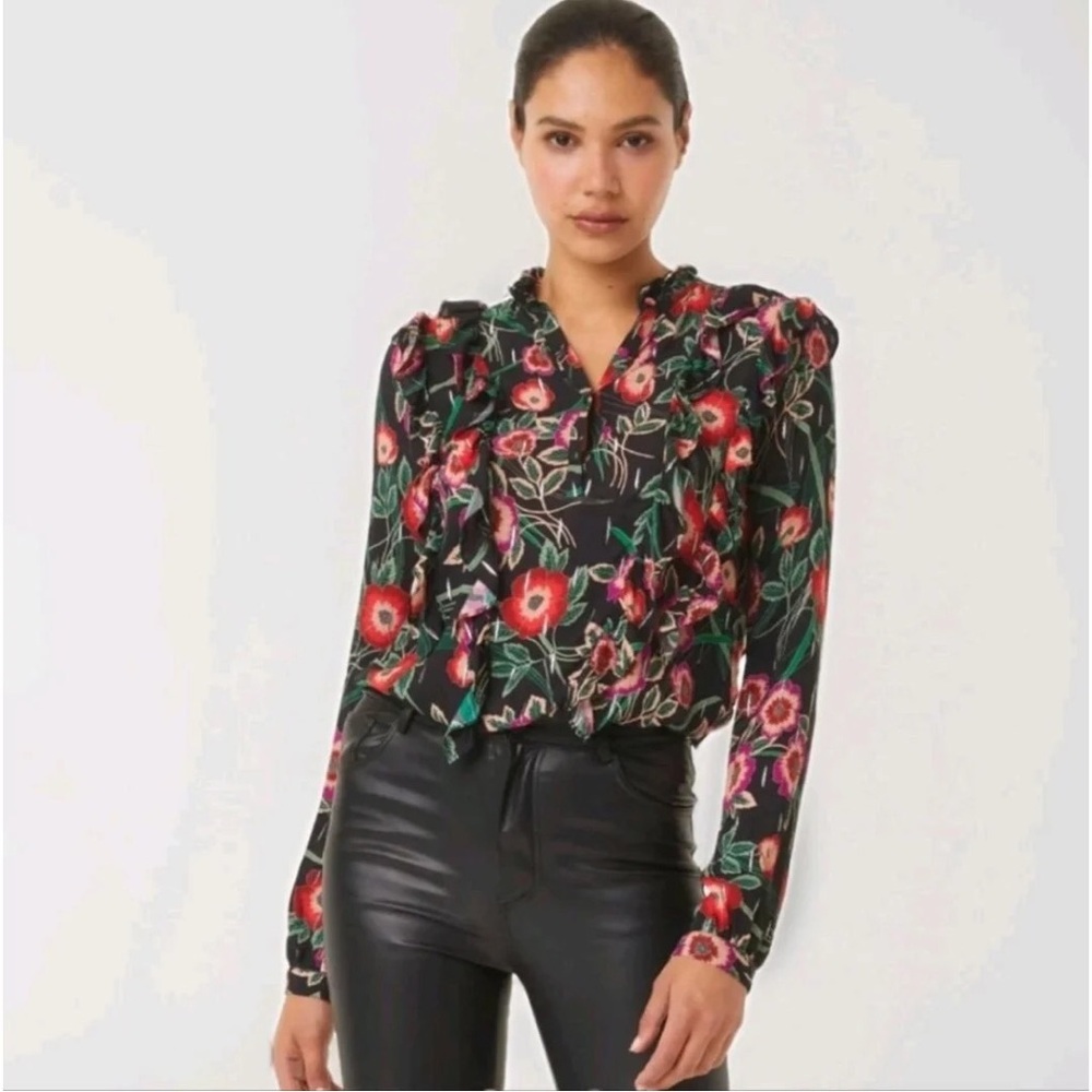 Anthro Misa Los Angeles Hibiscus Floral Ruffle Blouse with Metallic Threading - Picture 16 of 16
